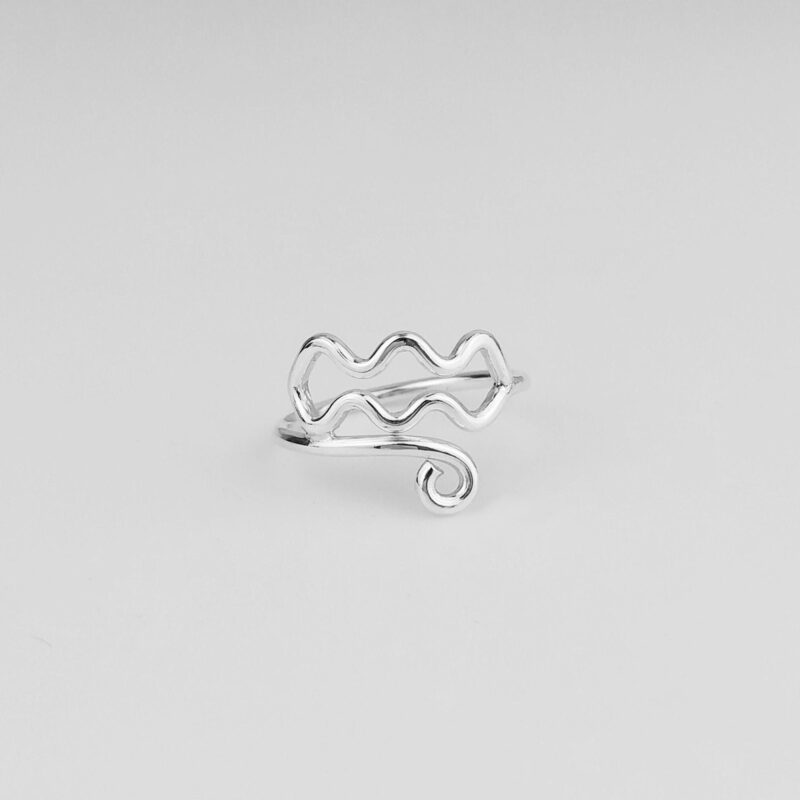 This sterling silver Aquarius ring showcases the iconic wave lines of the zodiac, designed with fluid motion and gentle symmetry. The glossy finish brings out the artistic silhouette, perfect for those who admire celestial symbols and expressive simplicity in everyday jewelry. A graceful statement of individuality and water-sign charm.