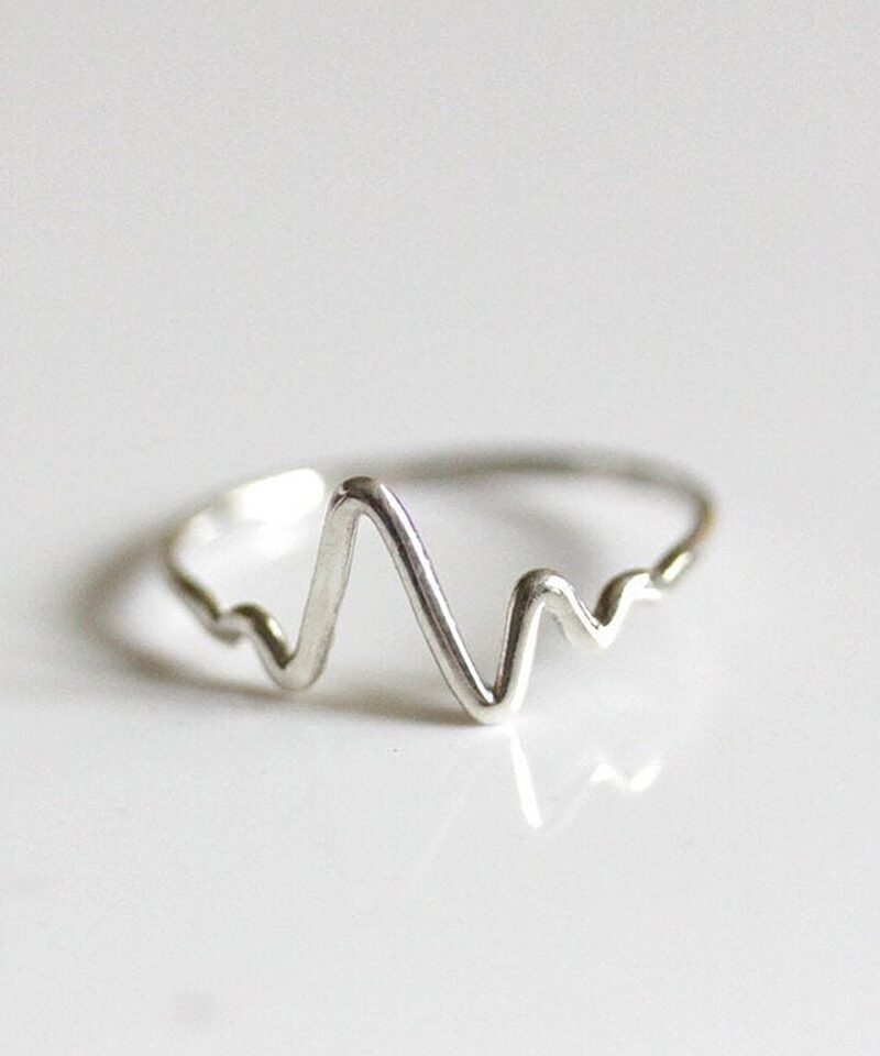 A minimalist heartbeat ring crafted in polished 925 sterling silver, featuring a continuous pulse line as the centerpiece. The delicate curve of the band mirrors the rhythm of a heart, symbolizing vitality, emotion, and connection. Perfect for nurses, doctors, or anyone who cherishes life's precious moments. Set against a clean background to highlight the reflective beauty of the metal.