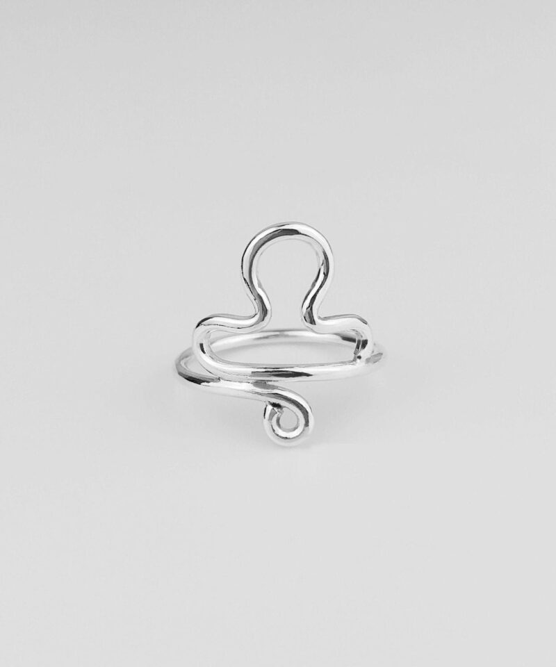925 sterling silver Libra ring featuring the astrological scales symbol in a sleek wire-formed design. This elegant handmade piece blends minimalist style with personal zodiac meaning, crafted for thoughtful everyday wear or a symbolic gift for Libra-born individuals.