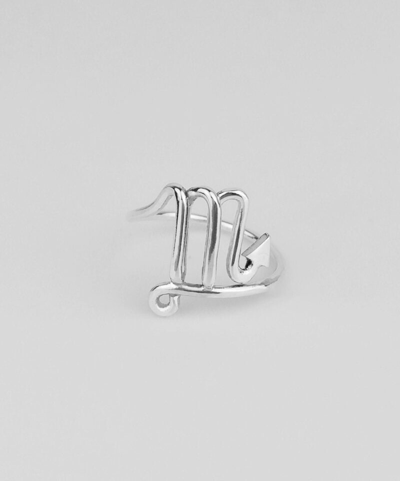 Minimalist Scorpio zodiac ring in polished 925 sterling silver, featuring a sleek wire-formed Scorpio symbol with a pointed tail design, captured on a white background to highlight its handcrafted details and astrological elegance.