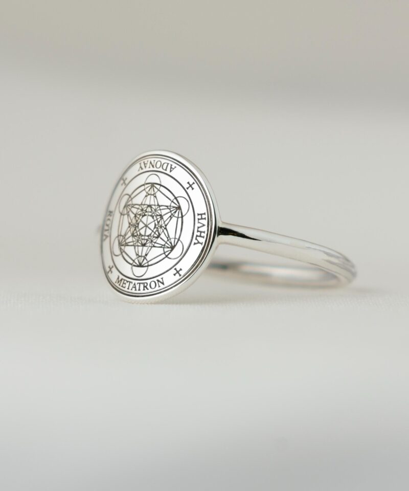 A detailed side angle of the Metatron silver ring, highlighting the geometric symmetry of the engraved cube. The sacred lines and names remain crisp against the shiny silver surface, showcasing the minimalist band and the delicate craftsmanship. A beautiful symbolic ring designed for spiritual alignment and daily wear.