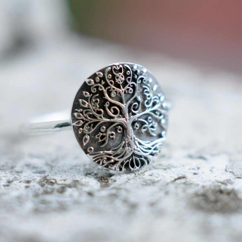 A darker oxidized version of the Tree of Life signet ring shown on stone texture. The contrast highlights every intricate vine, heart-shaped leaf, and flowing root design on the engraved 925 sterling silver surface. Ideal for gift-giving or spiritual daily wear, this meaningful ring symbolizes inner peace and connection to one's roots.