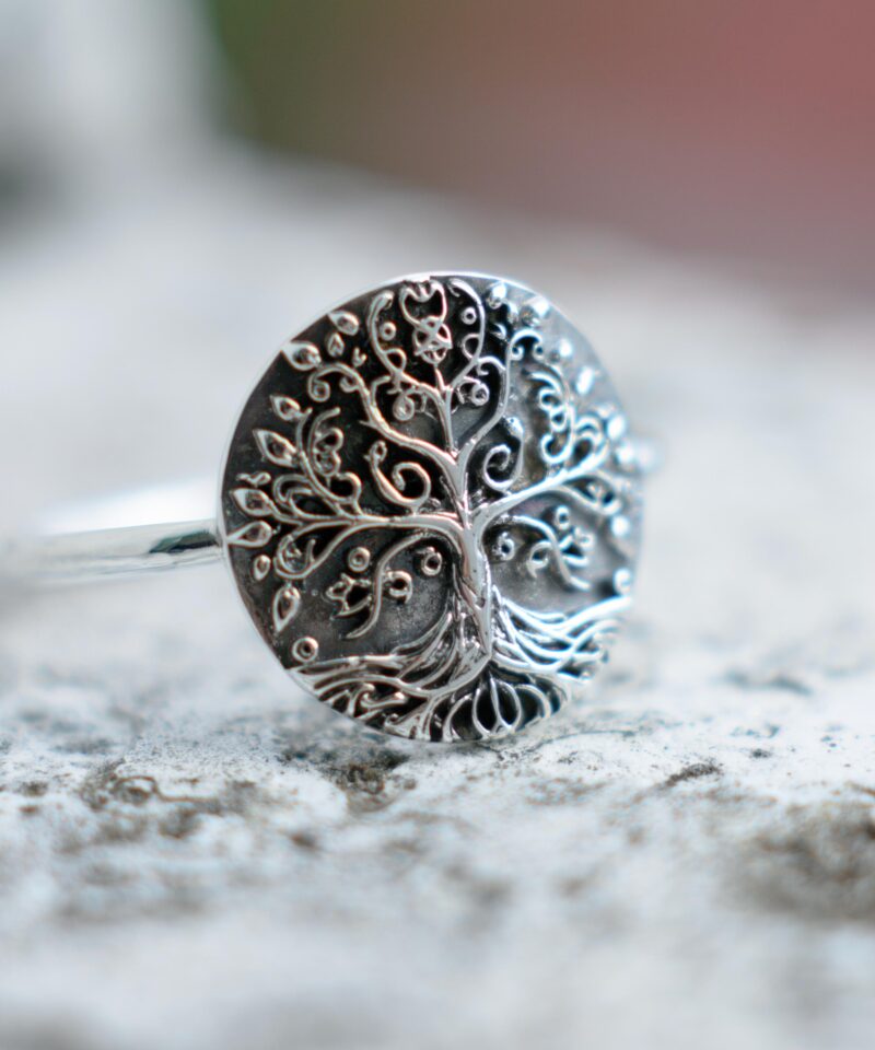 A darker oxidized version of the Tree of Life signet ring shown on stone texture. The contrast highlights every intricate vine, heart-shaped leaf, and flowing root design on the engraved 925 sterling silver surface. Ideal for gift-giving or spiritual daily wear, this meaningful ring symbolizes inner peace and connection to one's roots.